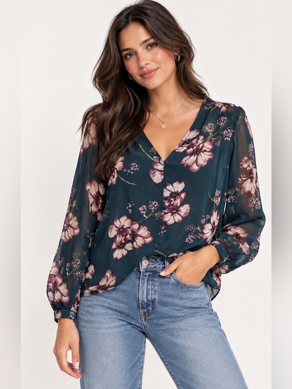 Cupcakes & Cashmere Teal Floral V-Neck Button Front Blouse Long Sleeve Small